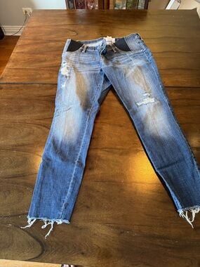 Maternity Distressed Blue Denim Jeans with Frayed Hem